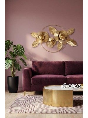 Acar Bej Altın Çiçek Desen Metal Tablo 90X55CM