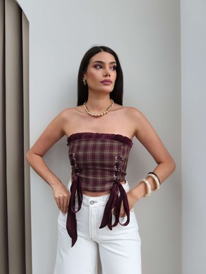 Esra Helvacı Ekose Desen Straplez Bluz