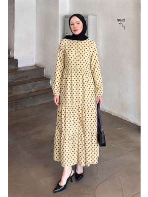Trendparis Puantiyeli Lilyum Kumaş Katlı Elbise Sarı