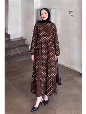 Trendparis Puantiyeli Lilyum Kumaş Katlı Elbise Kahverengi