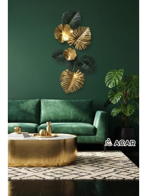Acar Yeşil Altın Palmiye Desen Metal Tablo 90X52CM