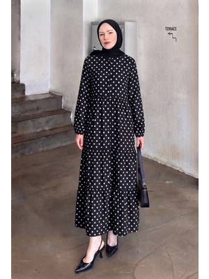 Trendparis Puantiyeli Lilyum Kumaş Katlı Elbise Siyah