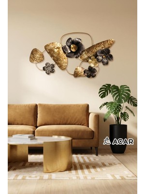 Acar Altın Antrasit Çiçekli Metal Tablo 89X49CM