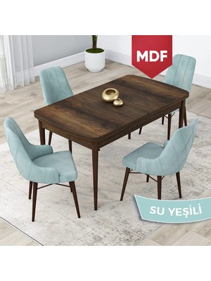 Canisa Concept Lia Serisi, MDF 80 x 132 cm Açılabilir Mutfak Masa Takımı, Beyaz Masa Ceviz Ayak 4 Sandalye