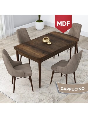 Canisa Concept Lia Serisi MDF 80 x 132 cm Açılabilir Mutfak Masa Takımı, Beyaz Masa Ceviz Ayak 4 Sandalye