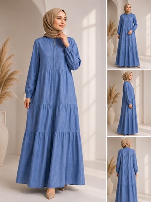 Bidesing Kadın Rahat Kesim Indigo Mavi Ferace Maxi Boy Model