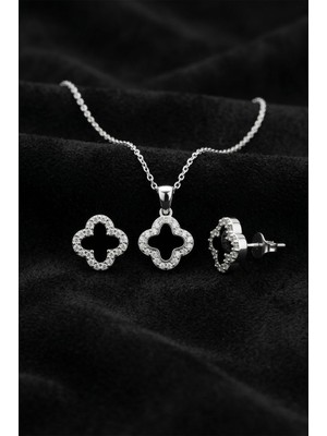 Roza Silver 925 Ayar Gümüş Rodyum Kaplama Siyah Mineli Özel Tasarım Kolye Küpe 2'li Takı Seti