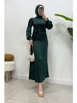 Abiye Diyarı Roya Model Yandan Bağlamalı Saten Abiye-Zümrüt