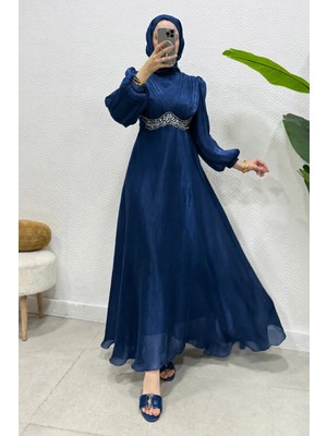 Abiye Diyarı Mosera Janjan Kumaş Beli Taşlı Tesettür Abiye- Lacivert