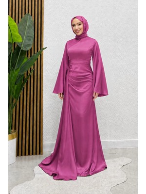 Abiye Diyarı Kadın Arabella Pelerinli Saten Balık Abiye-Pembe