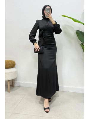 Abiye Diyarı Roya Model Yandan Bağlamalı Saten Abiye-Siyah