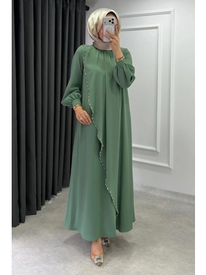Abiye Diyarı Krep Kumaş Kenarları Taş İşlemeli Nazende Elbise- Mint Yeşili