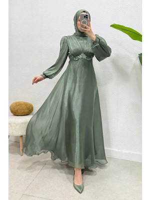 Abiye Diyarı Mosera Janjan Kumaş Beli Taşlı Tesettür Abiye- Haki