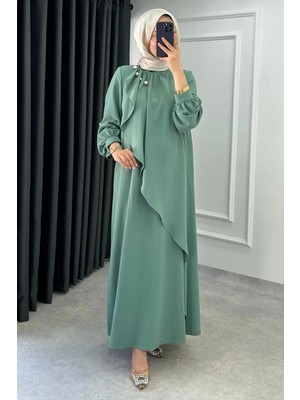 Abiye Diyarı Krep Kumaş Yakası İnci Detaylı Levanur Elbise- Mint Yeşili