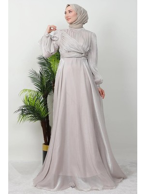 Ala Model Yandan Dolamalı Janjan Kumaş Tesettür Abiye- Krem