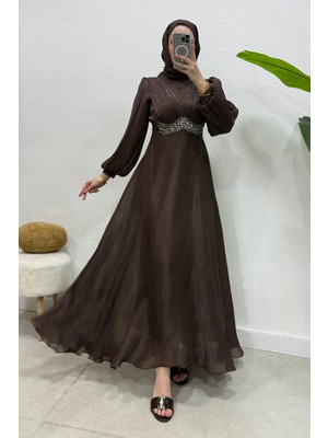 Abiye Diyarı Mosera Janjan Kumaş Beli Taşlı Tesettür Abiye- Acı Kahve