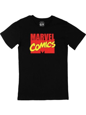  Marvel Comics Cep Logo Tasarımlı Siyah Tişört