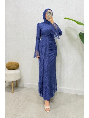 Cavisa Ispanyol Kol Dantel Kumaş Astarlı Tesettür Abiye- Indigo