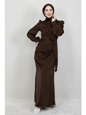Abiye Diyarı Roya Model Yandan Bağlamalı Saten Abiye-Acı Kahve