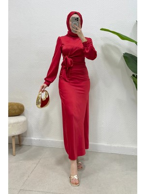 Abiye Diyarı Roya Model Yandan Bağlamalı Saten Abiye-Kırmızı