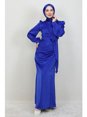 Abiye Diyarı Roya Model Yandan Bağlamalı Saten Abiye-Saks Mavi