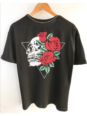  Wed Unisex Güllü Kuru Kafa Baskılı Oversize Penye T-Shirt Tişört