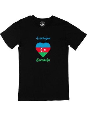  Karabağ Azerbaycan Bayraklı Kalpli Siyah Tişört