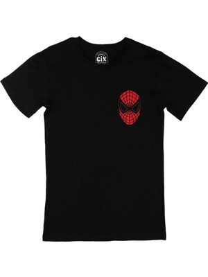  Spiderman Maske Cep Logo Tasarımlı Siyah Tişört