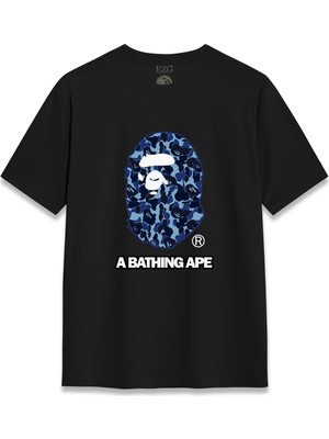  Bathing Bape Mavi Blue Kamuflaj Tshirt Tasarım Baskılı T-Shirt Unisex %100 Pamuk Nefes Alan Kalın Kumaşlı Tişört