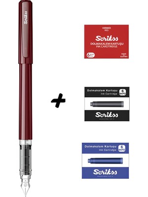Scrikss Primeo Dolma Kalem Bordo & Kırmızı - Mavi - Siyah Kartuş Set