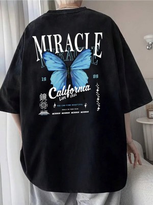  Unisex Oversize Kalıp Kelebek & Slogan Grafikli Düşük Omuz Harajuku Style