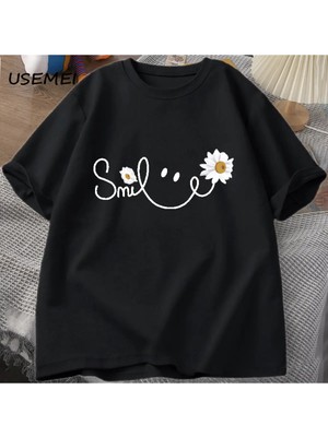  Papatya Gülümseme Yüz T Shirt Yaz Çiçek Baskılı Tişört Kadın Erkek Pamuk Kısa Kollu Tshirt Bo