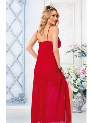Mestore Arias Closet Kırmızı Dantel Işlemeli Yırtmaçlı Fantezi Uzun Gecelik