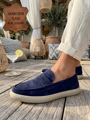 11boa BA0251 %100 Içi Dışı Hakiki Deri Erkek Lacivert Süet Casual Loafer Kauçuk Rahat Taban Dikişli Ayakkabı