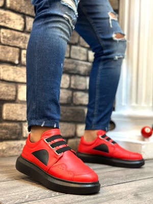 11boa BA0302 Boa Kalın Taban Bağcıksız Tarz Casual Kırmızı Siyah Erkek Ayakkabı