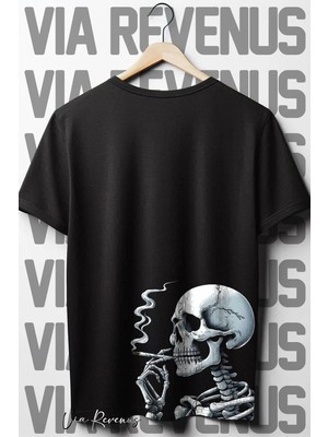  Iskelet Sırt Baskılı Oversize Geniş Kalıp Bisiklet Yaka Siyah Tshirt
