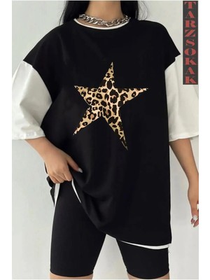  Leopar Yıldız Siyah Oversize Çift Renk
