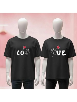  Sevgili Çift Kombini Baskılı Bisiklet Yaka Geniş Kalıp Unisex Tshirt