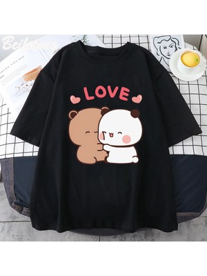  Siyah Panda Ayı Aşk Bubu Dudu Çift Baskı Yaz Estetik Kore Tee