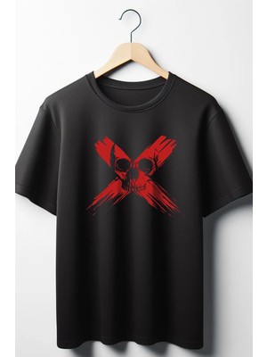  Kurukafa Baskılı Oversize Geniş Kalıp Unisex Bisiklet Yaka Siyah Tshirt