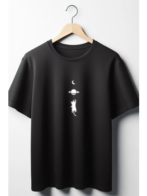  Kedi Baskılı Oversize Geniş Kalıp Unisex Bisiklet Yaka Siyah Tshirt