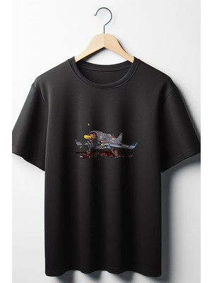  Uçak Baskılı Oversize Geniş Kalıp Unisex Bisiklet Yaka Siyah Tshirt