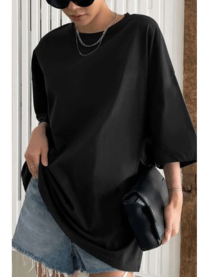  Siyah Basic Düz Baskısız Oversize Salas Boyfriend Kadın