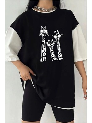  Çift Renk Cool Zurafa Baskılı Unisex Tshirt