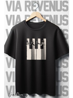  The Beatles Baskılı Oversize Geniş Kalıp Bisiklet Yaka Siyah Tshirt