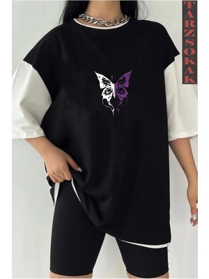  Siyah Oversize Çift Renk Kelebek Yazı Baskılı Unisex Tshirt