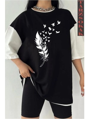  Siyah Oversize Çift Renk Tüy Baskılı Unisex Tshirt
