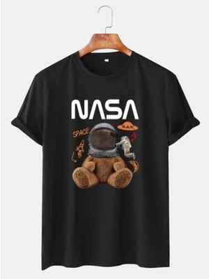  Unisex Siyah Nasa Uzaylı Ayıcık Baskılı Bisiklet Yaka Oversize Tişört