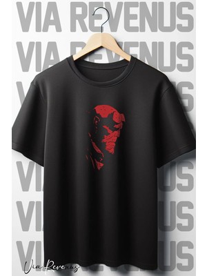  Hellboy Baskılı Oversize Geniş Kalıp Bisiklet Yaka Siyah Tshirt