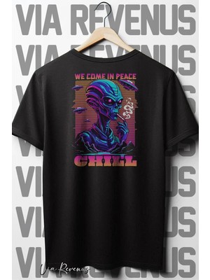  Chill Sırt Baskılı Oversize Geniş Kalıp Bisiklet Yaka Siyah Tshirt